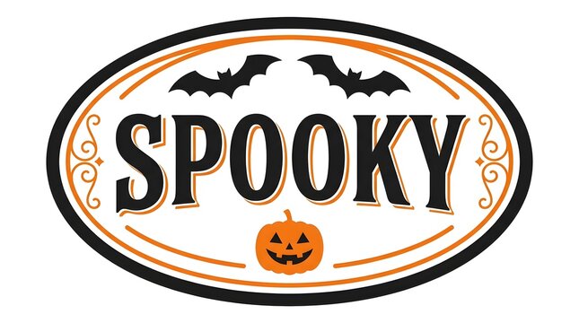 This captivating halloween typography design features the word 'spooky' in a bold dark font complemented by charming bat and pumpkin illustrations creating