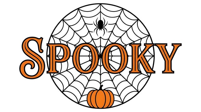 A delightful and eerie halloween typographic design featuring the word 'spooky' creatively integrated with a spiderweb and pumpkin illustration