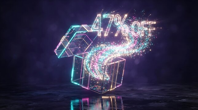 Glowing 3D gift box opening with 47 percent off discount text for ecommerce sale promotion