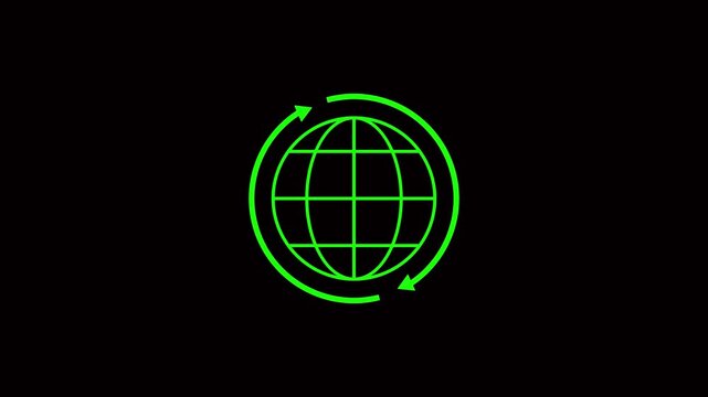 transfer, and interconnected networks on black background with copy space. minimalist green globe icon encircled by two rotating arrows on a black background