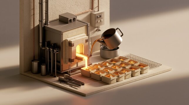 An isometric miniature world illustration of a small foundry pouring molten metal with generous negative space
