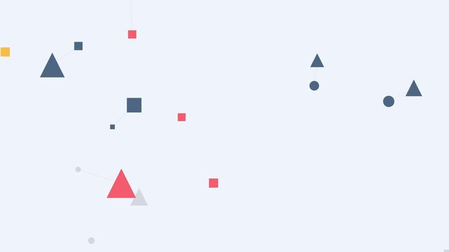 Geometric shapes, scattered patterns, modern motion graphics. Minimalist red, blue and yellow elements on light grey background for presentation design.