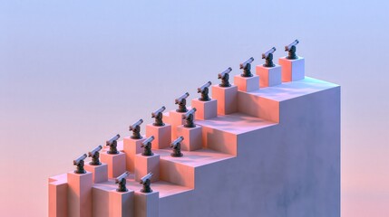Fototapeta premium An isometric miniature world illustration of a stepped terrace cut into a green slope, detailed miniature diorama illustration