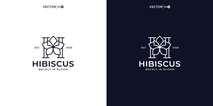 Minimalist hibiscus flower logo design with floral petal and monogram