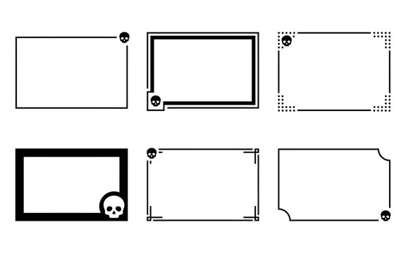 A spooky collection of six distinct black frames each adorned with a skull motif perfect for halloween themed streaming overlays digital art or graphic design