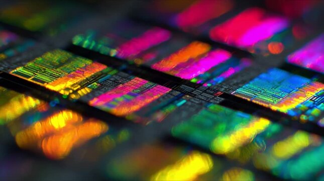 High angle macro view of silicon microchip wafer array with glowing golden green and pink light reflections during precision semiconductor manufacturing process (AI Generated)
