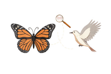 Fototapeta premium Monarch butterfly and flying bird illustration, nature exploration with magnifying glass, wildlife discovery concept on white background
