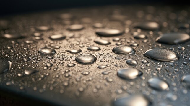 Metallic surface adorned with numerous, shimmering water droplets, close-up