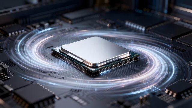 Close-up of a microprocessor on circuit board with glowing energy rings