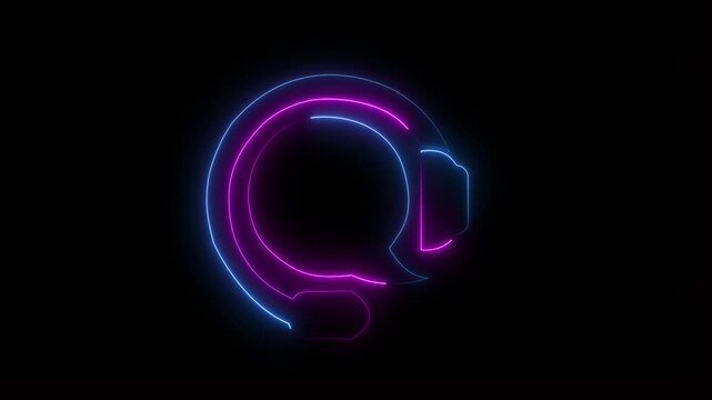 Abstract glowing  neon outline icon of headphones with a speech bubble symbolizing communication and customer service concept . Neon glowing color customer support headset video animation