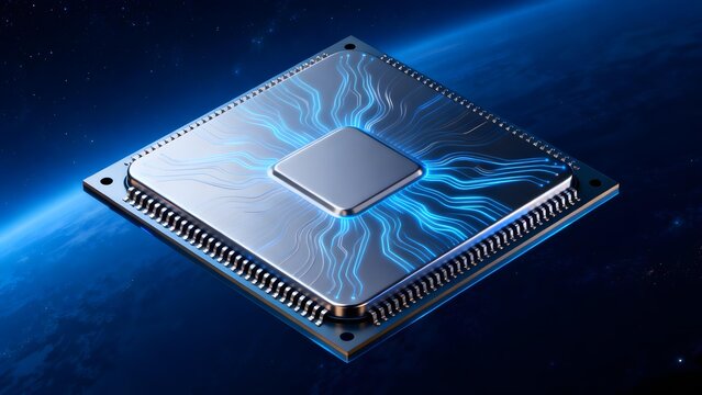 High-tech microprocessor chip with glowing blue circuit patterns against cosmic background