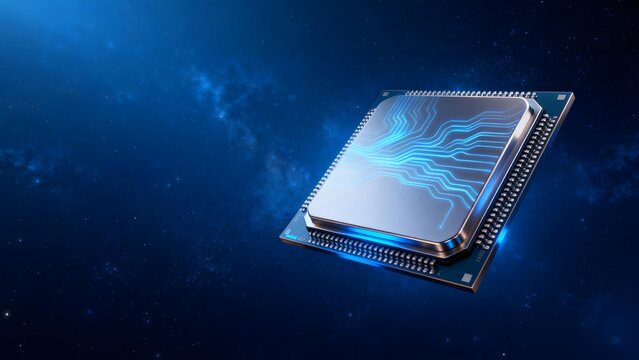 Modern microprocessor with glowing circuit patterns against deep blue cosmic background