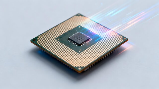 Close-up of a microprocessor chip with colorful light trails indicating data flow and processing power