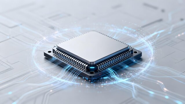 Modern microprocessor chip with glowing blue energy effects on circuit board background