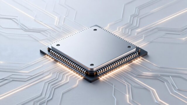 Close-up of a microprocessor chip on a circuit board with glowing traces