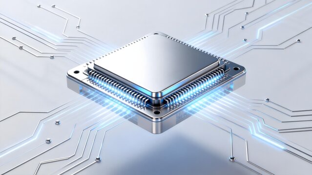 Modern microprocessor chip mounted on circuit board with glowing blue data pathways