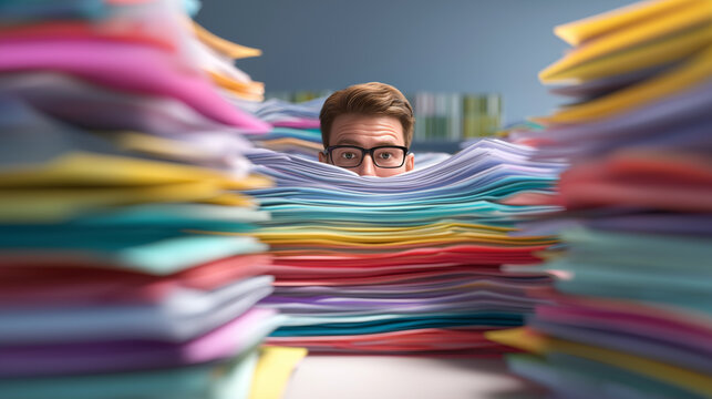 Man peeking through stacks of colorful paperwork