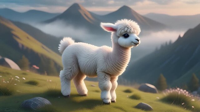Baby alpaca standing on misty mountain hillside