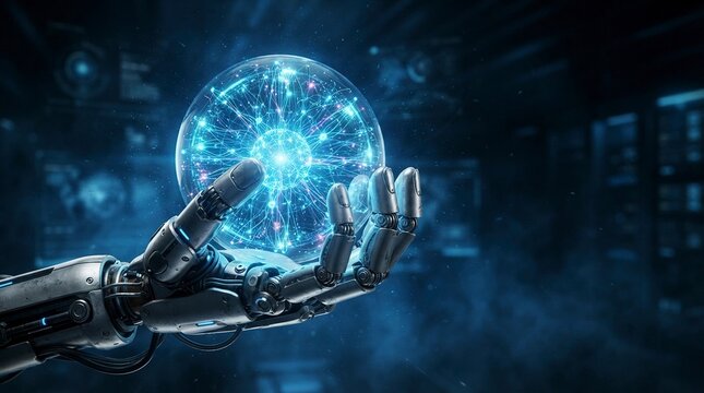 Advanced AI Robot Hand Holding Luminous Energy Sphere Representing Digital Intelligence and Data