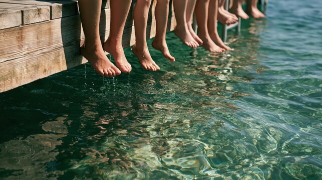 A row of bare feet of very different sizes dangling side by side in soft cinematic light