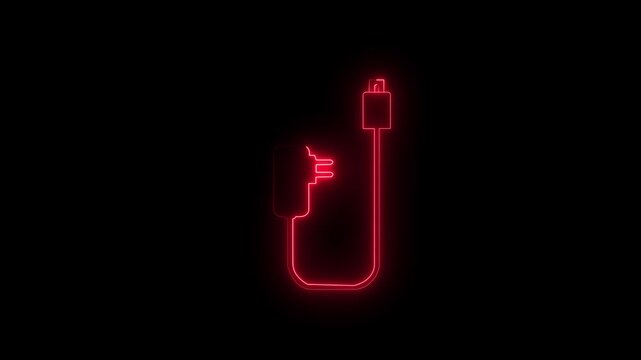 glowing neon line charger icon animation. Neon charger icon animation on black background, glowing electric plug symbol, futuristic charging sign