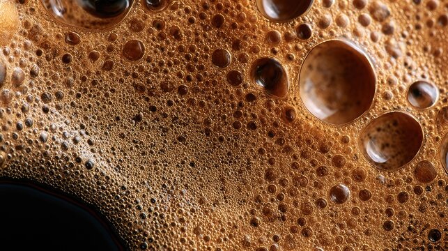 Close-up macro view of rich, dark brown coffee foam with diverse bubble sizes