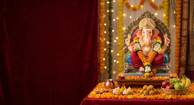 Lord Ganesha idol decorated with modak sweets, fresh fruits, marigold flowers and diyas for Ganesh Chaturthi with red copy space