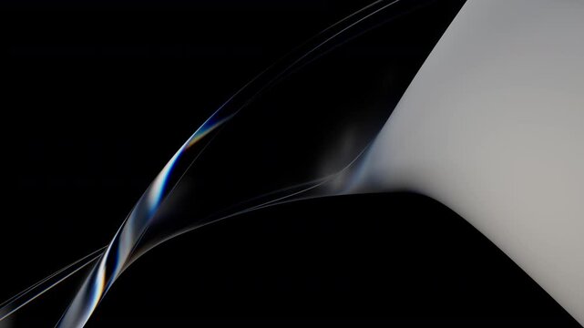 Abstract horizontal glass spiral with chromatic aberration, looping 3d animation of transparent twisting ribbon on black background. 3d rendering not AI