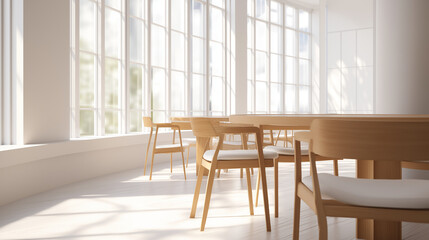 Fototapeta premium Modern dining room with wooden chairs and table