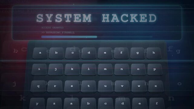 Digital Cyber Security Interface Showing System Hacked Warning with Animated Keyboard Input and Data Stream