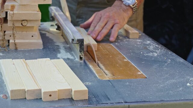 The craftsman is sawing wooden boards with a table saw in the workshop, scattering sawdust across the metal surface