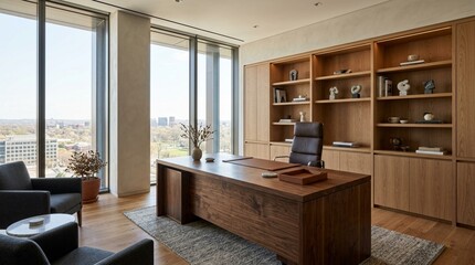 Fototapeta premium Modern Executive Office Interior with Large Desk and City View