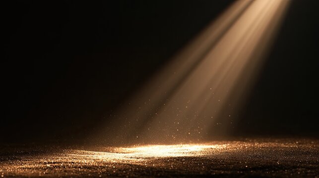 Warm spotlight beam illuminates textured ground, dust motes sparkle