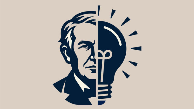 Creative split-face vector portrait of inventor Thomas Edison merged with a glowing light bulb. Perfect vector graphic for innovation, STEM education, science textbooks, and creative idea concepts.