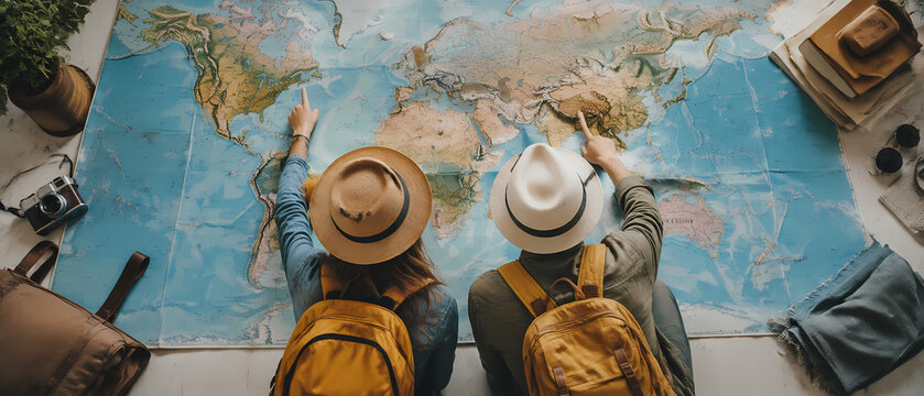Overhead view of a backpacking couple in hats studying a large world map spread across a table, surrounded by travel essentials as they plan a shared international journey and future adventure