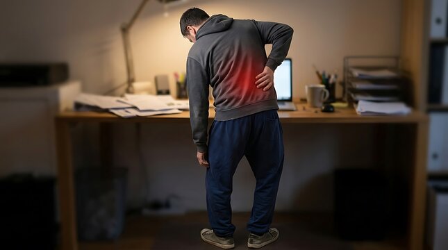 Young Man Experiencing Lower Back Pain While Standing at Home Office Desk, Illustrating Workplace Ergonomics Issues