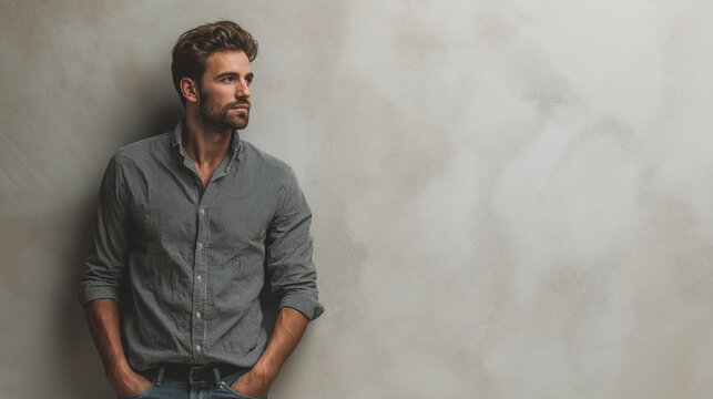 Man with beard standing against wall