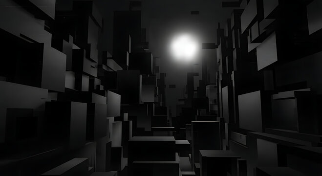 An abstract architectural rendering depicts a futuristic cityscape with tall buildings and a single bright light source in a dark setting