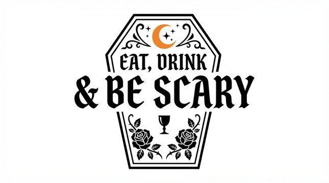 Halloween eat drink be scary design inside coffin shape with roses and goblet.