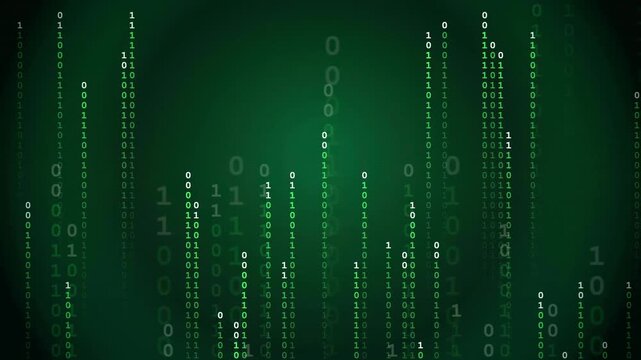 Digital binary code raining down on a dark green background for technology and data concepts