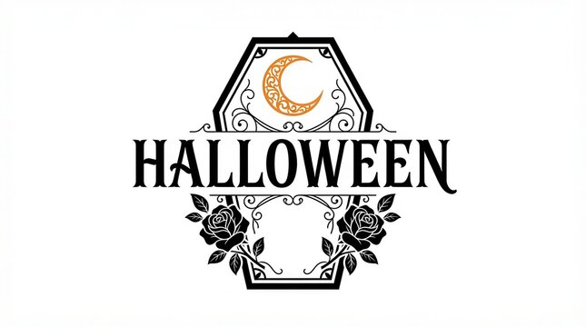 Halloween hexagon emblem with crescent moon roses and gothic style decoration.
