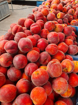 Fresh peaches stacked at a market in summer