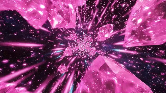 Abstract motion background with rotating sparkling pink crystals floating through deep space nebula tunnel filled with glowing light beams and magical particles cosmic aesthetic.