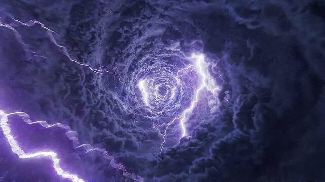 Abstract space journey flying through glowing purple lightning vortex inside dark storm clouds across deep cosmic starfield galaxy travel cinematic visual effect loop background motion.