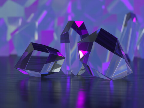 Abstract 3D render of faceted crystal gemstones reflecting purple and blue light on a dark surface with crystal cluster gemstone cluster 3D illustration digital
