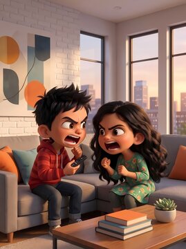 Two angry animated siblings fighting over a TV remote control in a modern living room at sunset, portraying childhood conflict and rivalry.