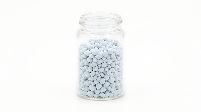 MOF pellets in glass jar for carbon capture and industrial chemical research.