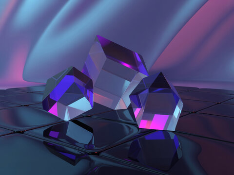 Abstract 3D render of geometric crystal stones with purple highlights on a reflective floor crystal cluster geometric shape purple highlight reflective surface 3D art