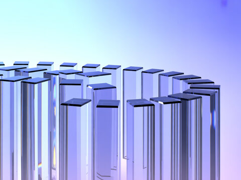 Minimalist 3D render of translucent rectangular glass pillars arranged in a curved spiral formation with glass pillar curved structure minimalist design modern architecture