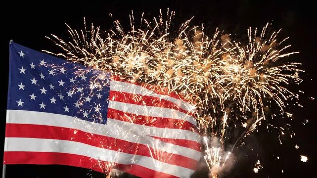 American flag waving in front of golden fireworks display at night sky celebrating independence day with patriotic vibrant colors captured in cinematic high definition video clip footage.